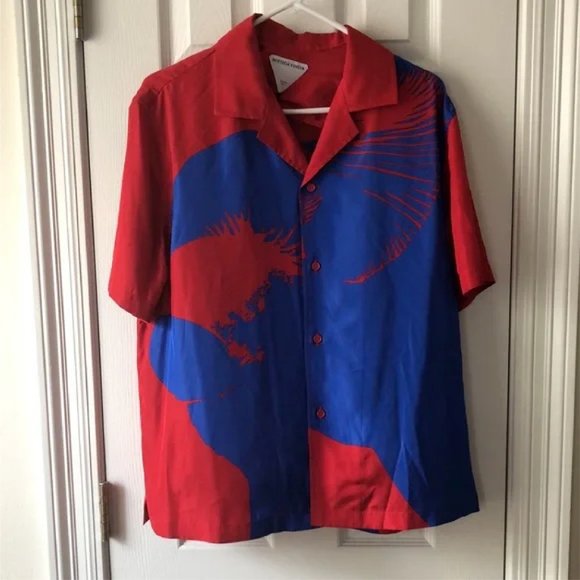 Bottega Veneta Mushroom Print Button Down Short Sleeve Shirt in Blue/Red Size 46 - Picture 11 of 16